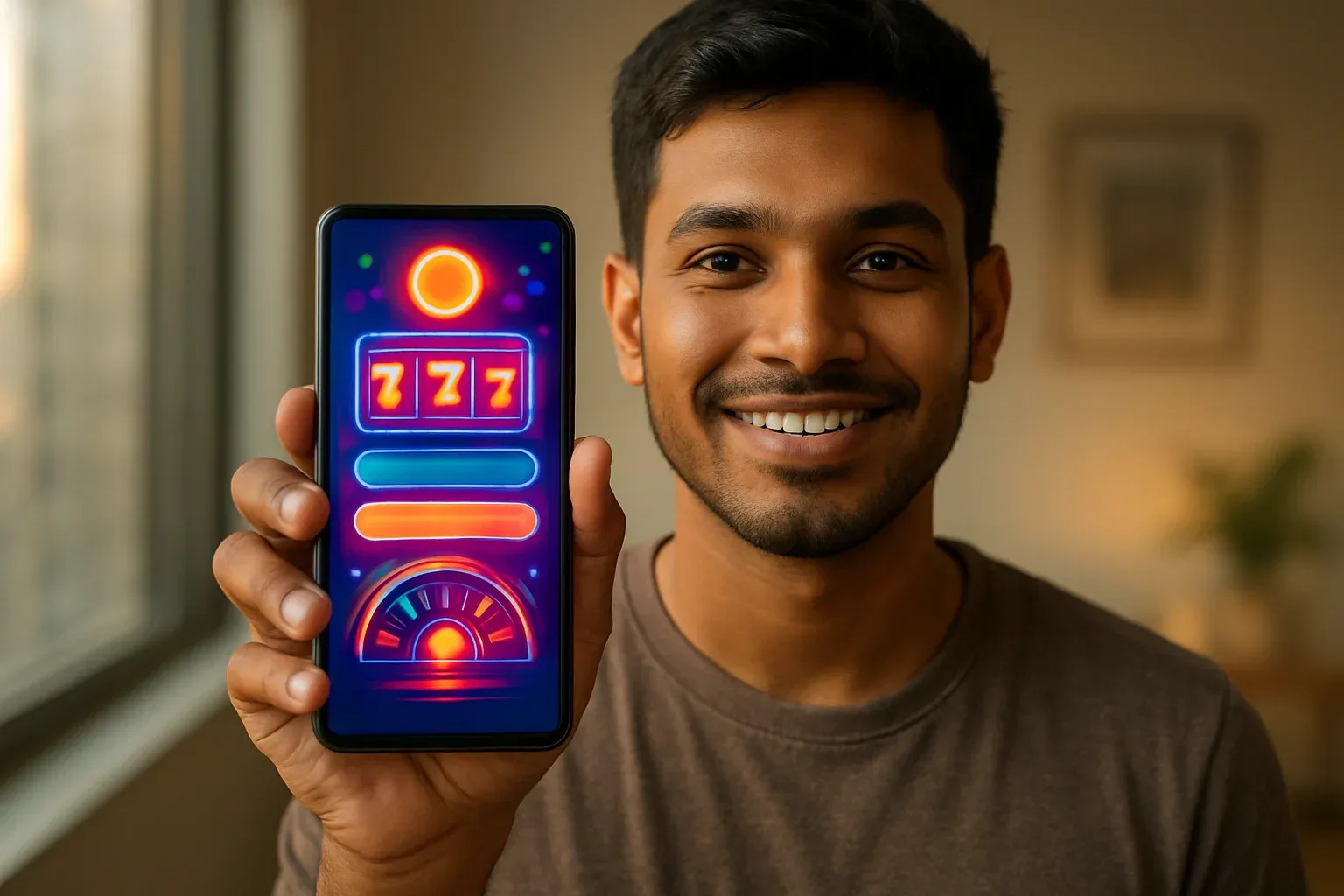 Young Bangladeshi man holding smartphone showing glowing casino app interface