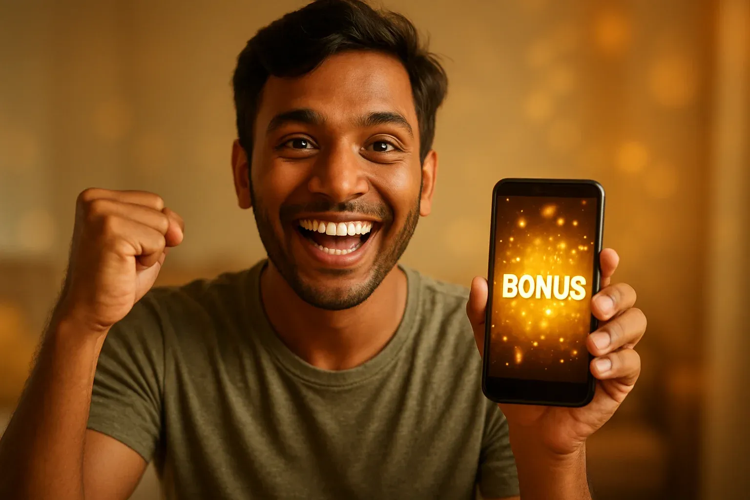 Joyful Bangladeshi man celebrating, holding smartphone with glowing golden bonus notification