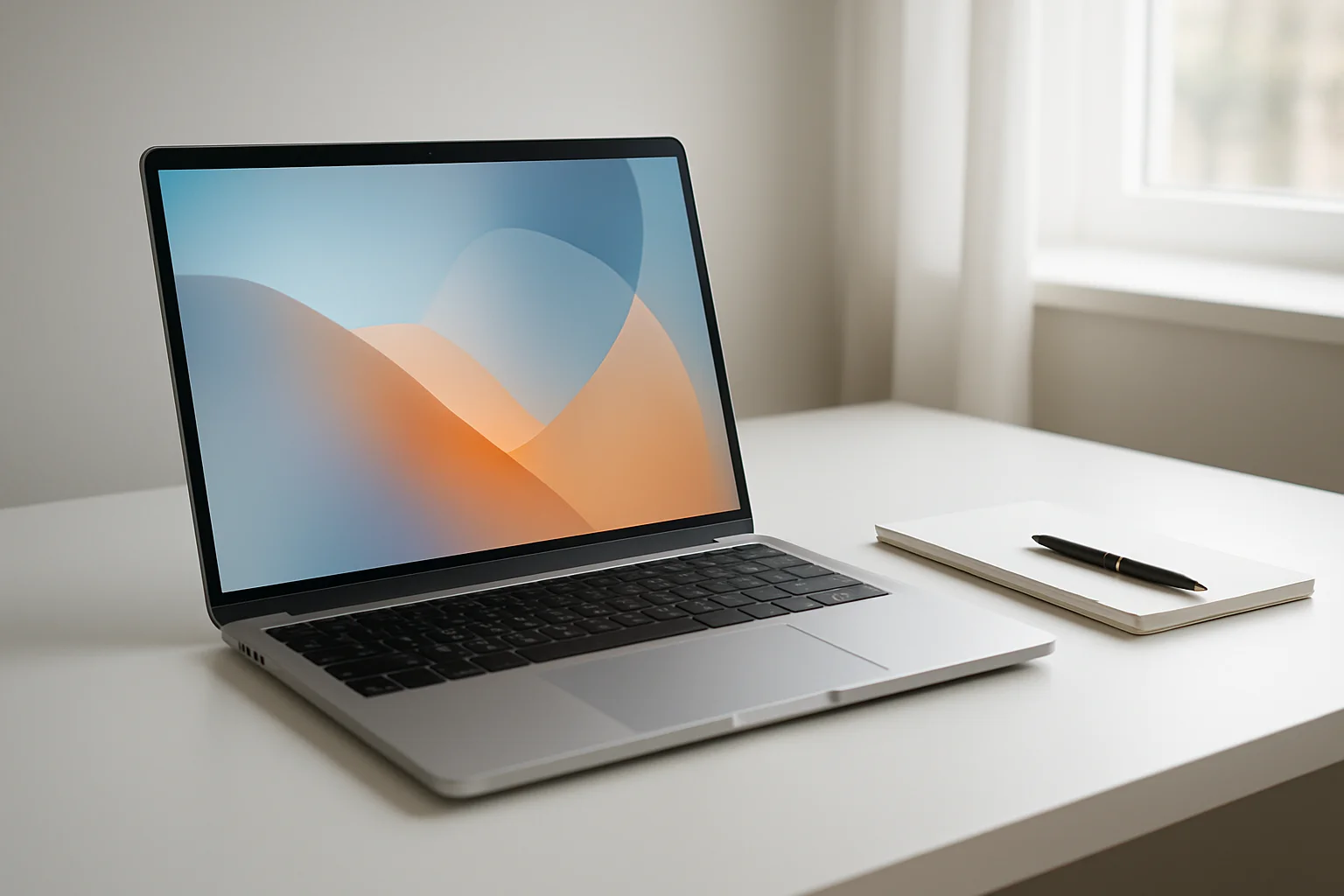 Modern laptop on white desk with glowing abstract screen in daylight