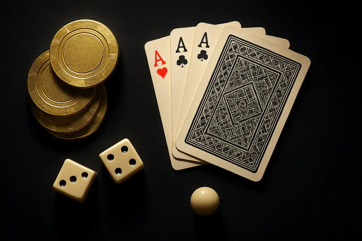 Top-down dark velvet casino scene with gold chips, cards, dice, roulette ball