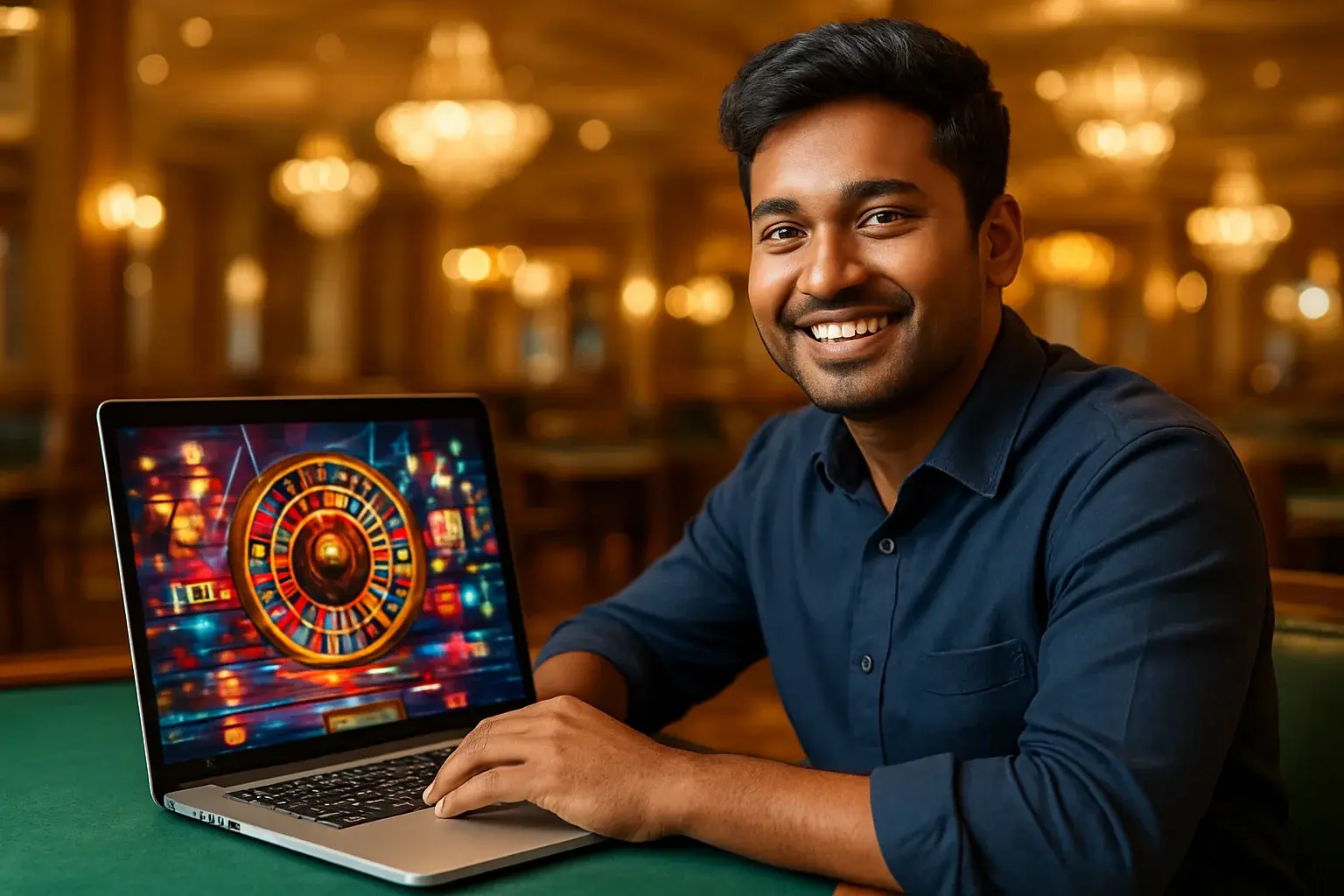 Cheerful Bangladeshi man smiling at open laptop with glowing casino interface