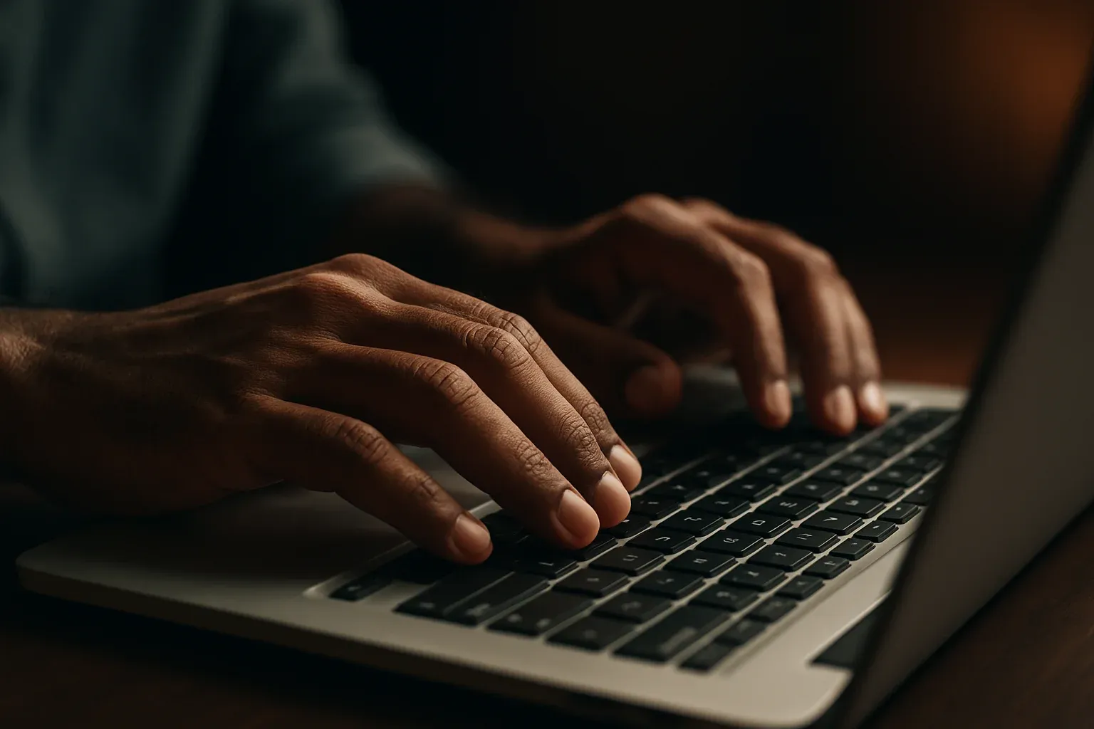 Close-up of Bangladeshi hands typing on laptop keyboard in dark light