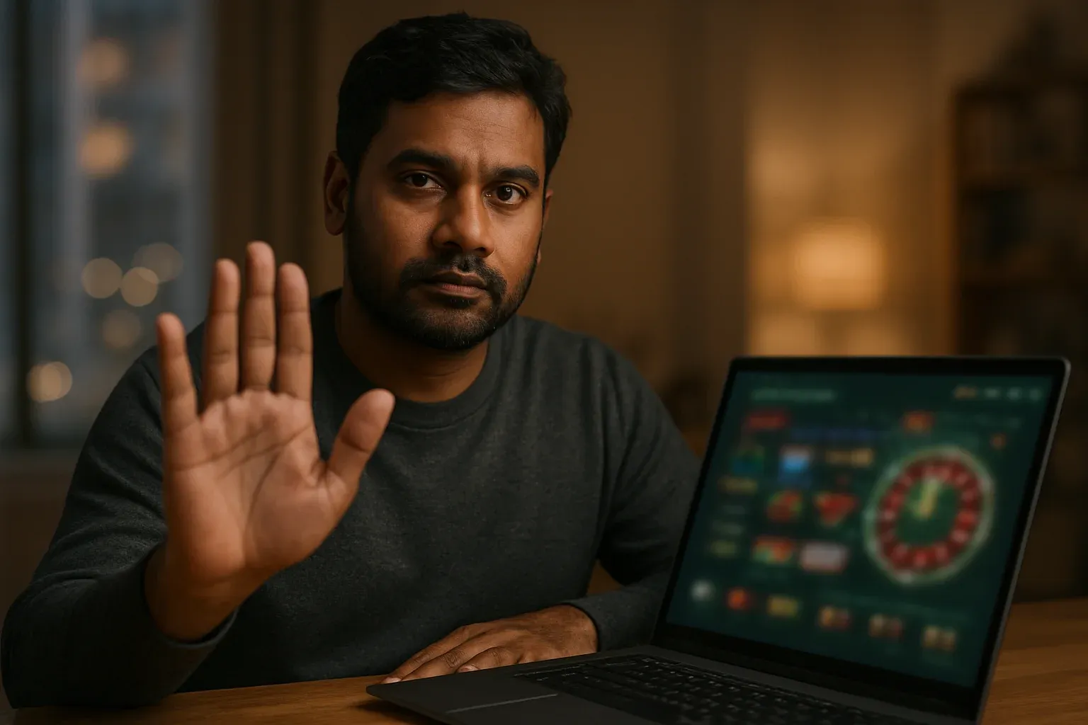 Confident Bangladeshi man shows stop gesture beside blurred online casino laptop