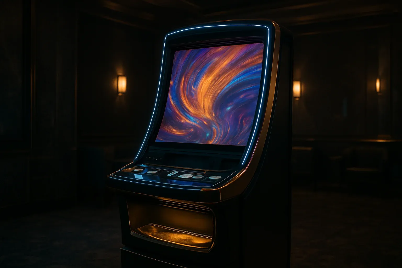 Hyperrealistic premium slot machine in dark luxury setting with neon lighting